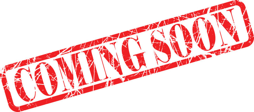A red and white coming soon stamp on a plain white background
