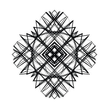 Geometric mandala vector illustration, symmetrical black line art ornament, abstract spirograph pattern on white background, decorative linear graphic element for logo design