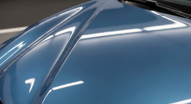 Closeup of a sleek blue car hood reflecting bright lights modern design.