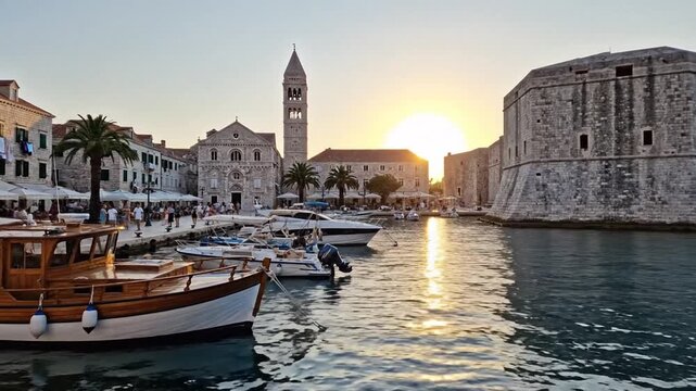 Panoramic view of Trogir waterfront with nautical boats and historic stone architecture in the ancient UNESCO heritage coastal town during a sunny September afternoon in Dalmatia Croatia.