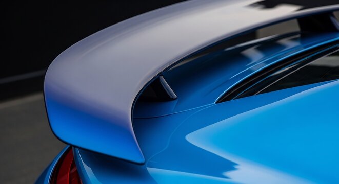 Closeup of a sleek blue sports car spoiler aerodynamic design detail.