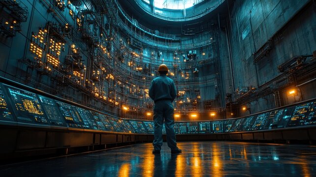 Control room with panels and engineer, symbolizing energy infrastructure management