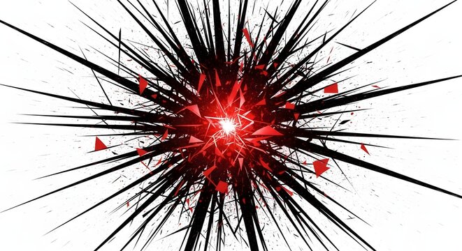 Red energy explosion and sharp geometric shards. Cyber attack threat and digital data breach concept. Abstract red glow with black splintered spikes representing powerful impact.