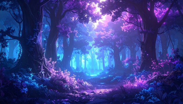 Ethereal forest path bathed in vibrant blues and purples, creating a magical and enchanting atmosphere