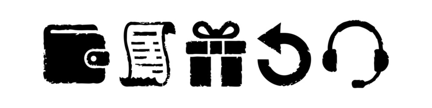 Set of Five Black Grunge E-commerce Icons Featuring Wallet Receipt Gift Box Return Arrow and Customer Support Headset