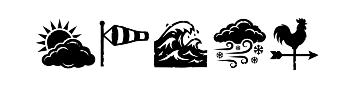 Weather Icons Set in Hand-Drawn Woodcut Style featuring Sun, Windsock, Ocean Wave, Snow Cloud, and Rooster Weather Vane Silhouette Illustrations
