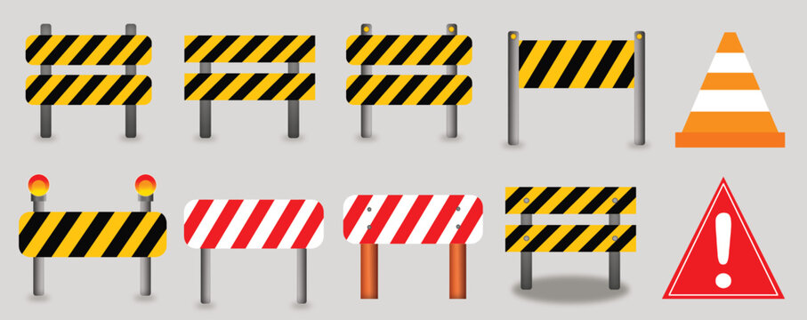A collection of vector illustrations of road signs indicating &ldquo;under construction&rdquo; or &ldquo;work in progress,&rdquo; traffic cones, heavy machinery, and road repairs. Accidents, yellow, black, red, white.
