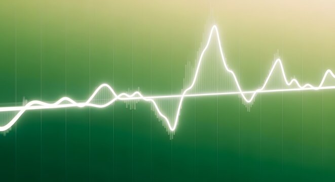 Glowing white line graph showing peak performance on a green gradient background. Business success and data analytics growth. Smooth wave trend indicating positive results and stability
