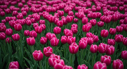 Fototapeta premium Pink tulips blooming in a vast spring field, vibrant floral background for Mother's Day, romantic botanical garden landscape, festive nature texture, elegant pink tulip petals.