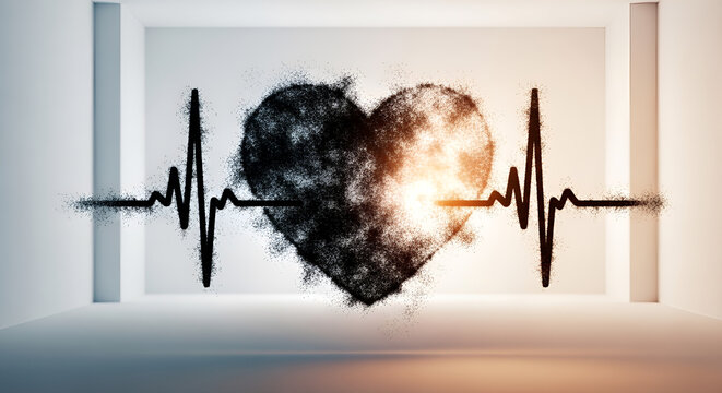 Heart pulse and EKG heartbeat line made of particles with glowing light, symbolizing eternal love, maternal health, and life force for Mother's Day cards or cardiology concepts.