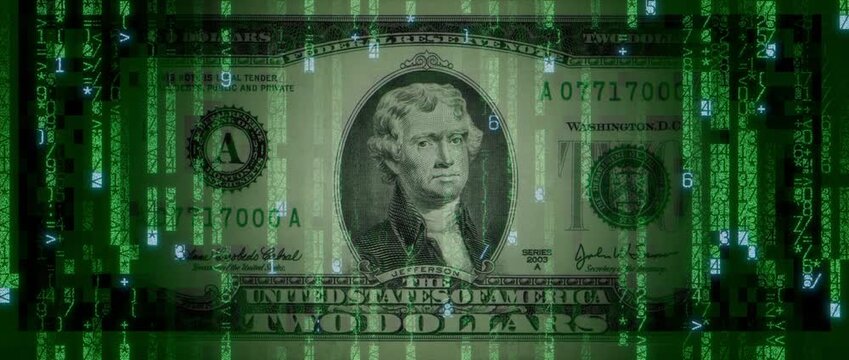 Digital Money Concept with Two Dollar Bill made up of Animated Code. Blockchain Banking Wallpaper.
