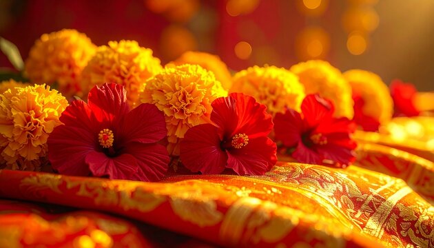 Fresh marigold and hibiscus flowers on traditional fabric for Bengali New Year Poila Baisakh