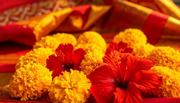 Vibrant floral arrangement with red hibiscus for Bengali New Year Poila Baisakh celebration