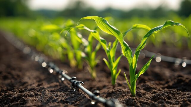 Precision drip irrigation lines watering young corn plants in a sunlit agricultural field