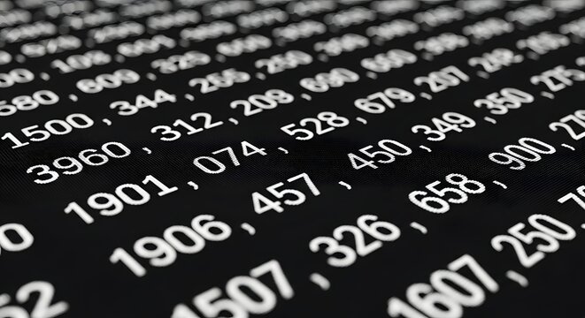 Abstract numerical data and spreadsheet values. Accounting software and business intelligence concept. Rows of financial figures and statistical numbers on a black texture