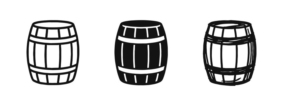 Wooden barrel icons in outline, flat silhouette, and sketchy hand-drawn styles for brewery or storage concepts