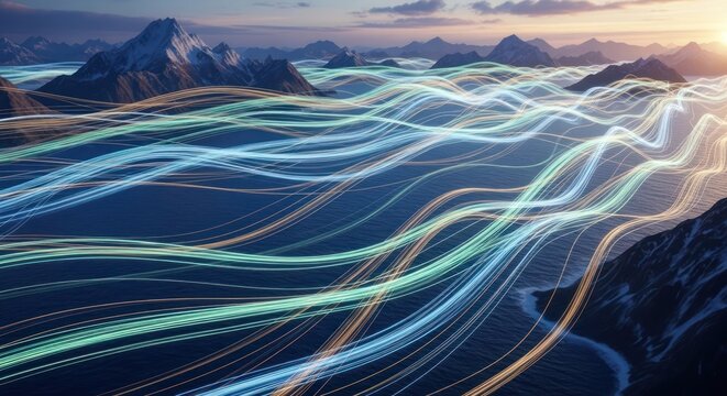 Data fiber light trails over mountain landscape at dusk