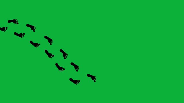 Trail of footprints on green screen background. Black silhouettes of footprints. Steps tracing the human path. Human journey of the footsteps. Step by step. 4K.
