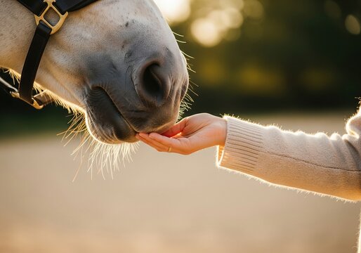 Close up of white horse muzzle gently touching open human hand in warm sunset backlight