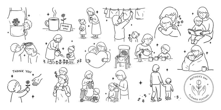 母の日のやさしい時間を描いた線画イラストセット（親子・感謝・暮らしのシーン）、Mother&rsquo;s Day line art illustration set featuring warm family moments and gratitude scenes