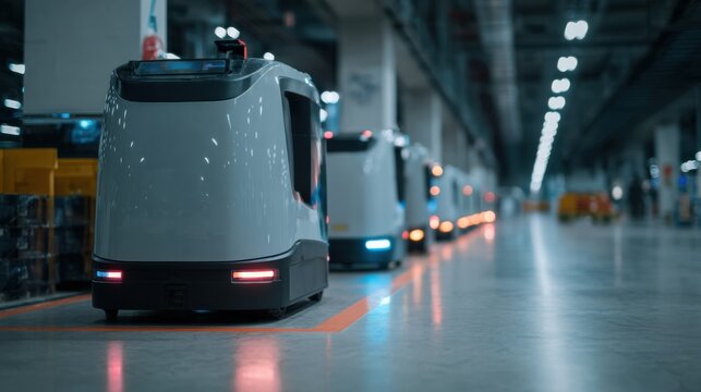 Medium shot of autonomous floorscrubbing robots neatly parked in a dedicated storage bay with soft lighting and blurred background details.