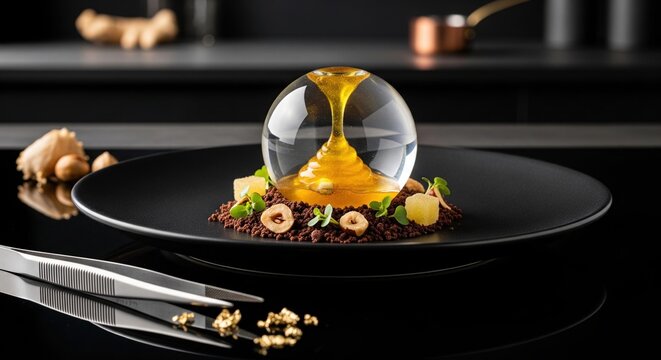 Molecular gastronomy dessert of honey ginger liquid sphere in isomalt glass on black plate