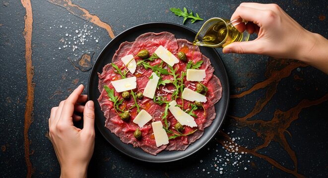 Beef carpaccio with parmesan and arugula being drizzled with olive oil on dark stone table