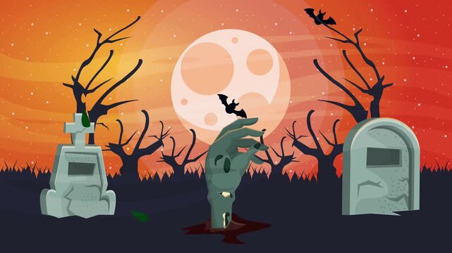 Animated Halloween Night Cemetery with Zombie Hand and Full Moon