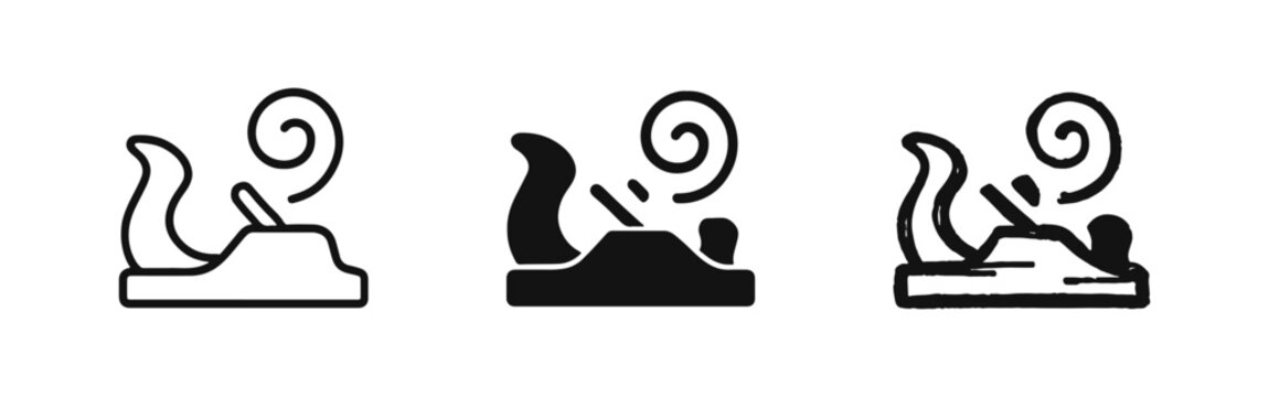 Woodworking hand plane icon set featuring outline, solid, and hand-drawn styles for carpentry and craft tools