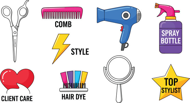 Hair Styling and Salon Icon Set for Client Care, Hair Dye, and Professional Styling Tools