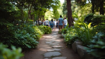 Fototapeta premium People enjoying a leisurely stroll along a winding stone paved pathway through a lush and vibrant garden setting