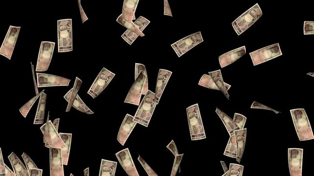 【合成用】左から右へ流れる新一万円札（渋沢栄一）：ループ・黒背景・ルミナンスマット収録