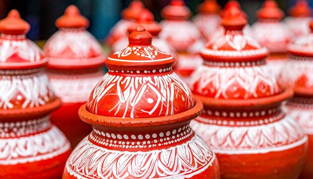 Traditional red and white painted pottery for Bengali New Year Poila Baisakh celebration