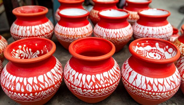 Decorative hand painted clay pots with alpana patterns for Bengali New Year Poila Baisakh