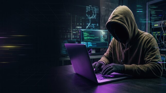 A dangerous, hooded hacker intently types on a laptop, orchestrating a network intrusion against government data servers.