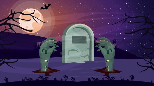 Animated Halloween Scene with Zombie Hands and Tombstone at Night