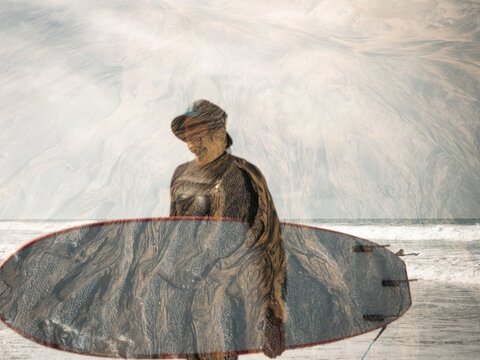 Surfer with Board in Artistic Double Exposure