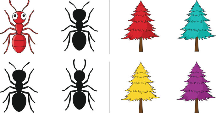 Ant insect cartoon and silhouette collection with colorful pine trees vector illustration set for nature wildlife and forest design