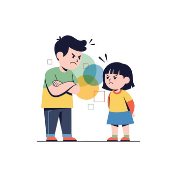 Angry siblings arguing, frustrated brother and sister conflict, family dispute illustration
