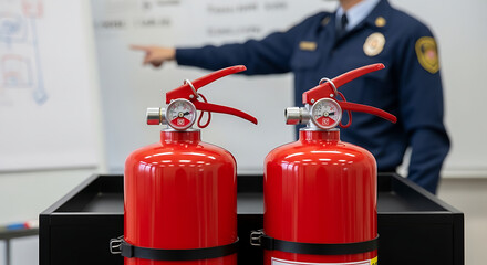 Obraz premium Fire Safety Training Instructor Demonstrates Use of Fire Extinguishers for Emergency Preparedness