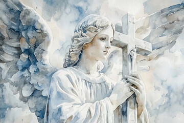 Fototapeta premium Watercolor illustration of angel statue gently holding cross, with soft clouds in background, creating serene and spiritual artwork perfect for religious materials, book covers or memorial projects