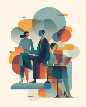 Stylized illustration of three business professionals seated with laptops in an abstract colorful office composition
