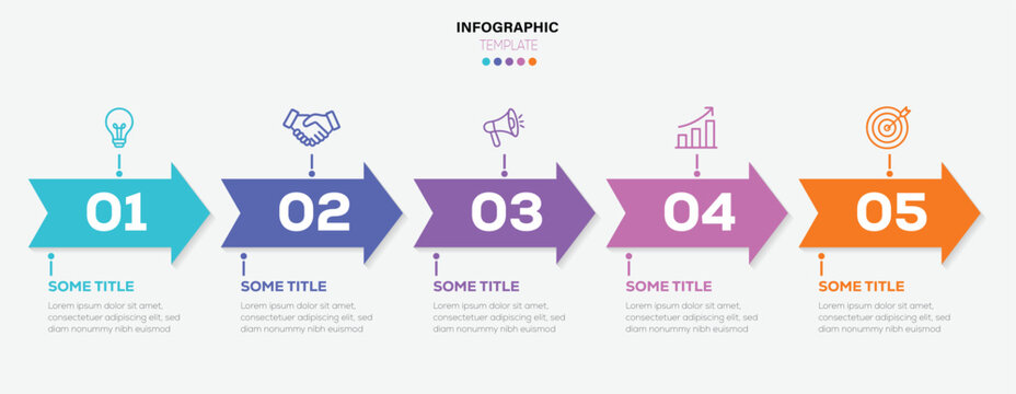 Set of business infographic template with 5 step colorful arrows and icons. steps business data visualization timeline process and workflow or presentation. vector  illustration.