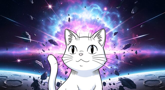 A calm white cartoon cat smiles gently against a powerful cosmic explosion, with glowing nebulae and scattered space debris, depicting a whimsical and surreal galactic fantasy