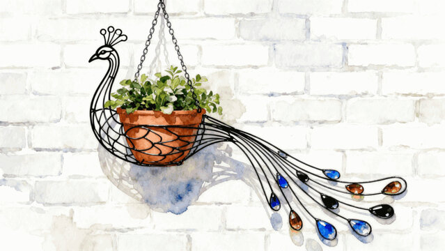 Pretty Planter Hanging Peacock Planter isolated watercolor vector illustration svg