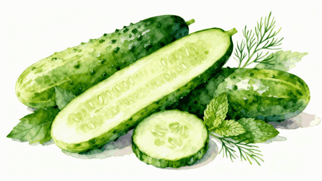 Kitchen Garden Cucumbers with Herbs isolated watercolor vector illustration svg