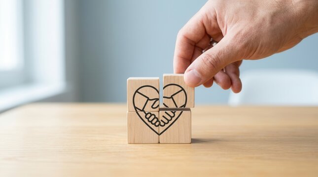 A hand places a wooden block with an empathy and trust icon, symbolizing emotional intelligence and strong partnership in workplace leadership and team collaboration.