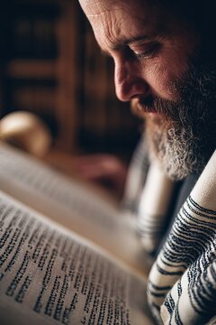 vertical shot Jewish man studies a Torah scroll in a synagogue. He is focused on the text as he engages in study. The setting shows the importance of this religious practice