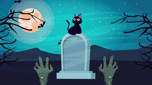 Halloween Graveyard Scene with Black Cat and Zombie Hands