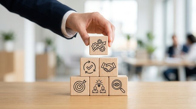 Hand placing a wooden block with icons, symbolizing continuous improvement and productivity growth through a plan-do-check-act concept.